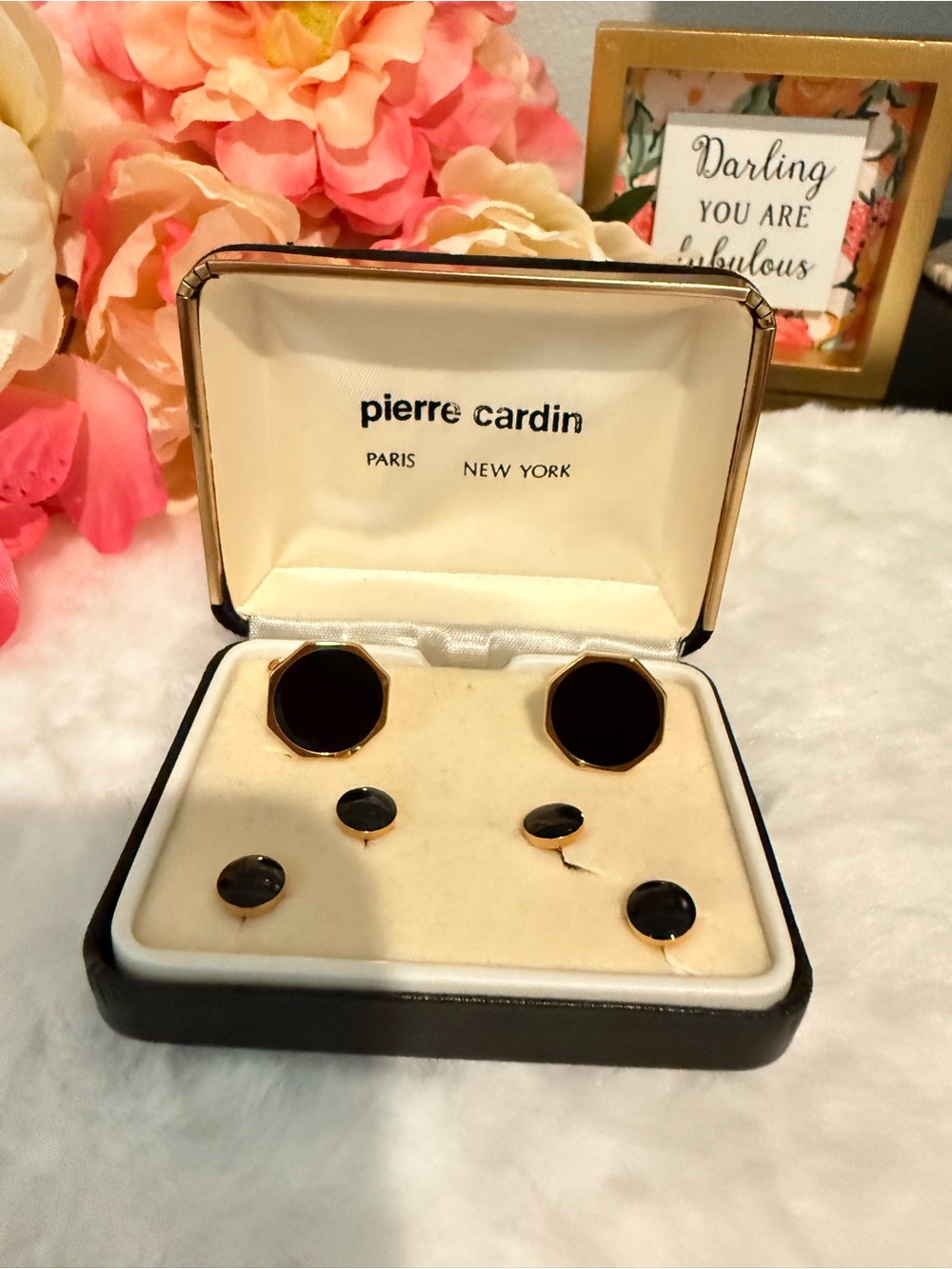 Pierre Cardin Vintage Cufflinks & Shirt Studs Set Black Gold Tone Boxed